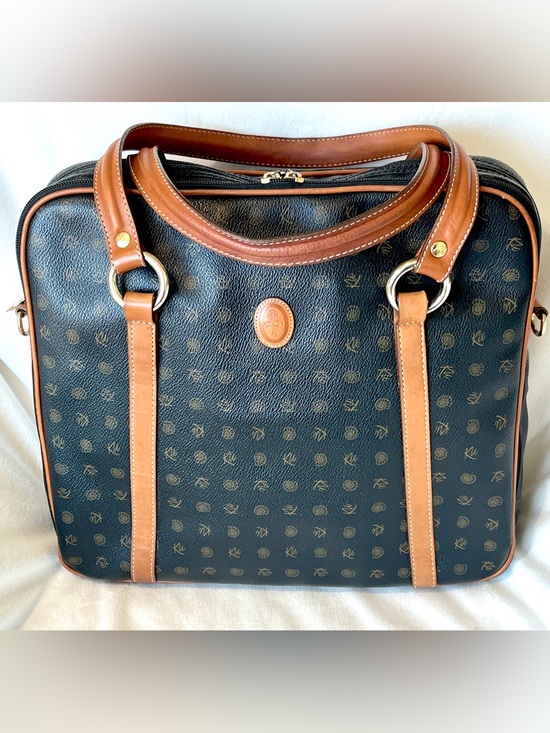 Kenzia Handbags - Vintage Kenzia By KU Italy Monogram Briefcase Tote Satchel Bag Black Tan Trim